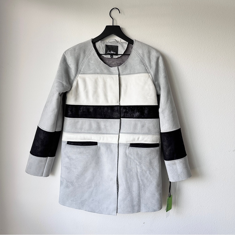 $98 NWT Sam Edelman Aiden Faux Shearling Car Coat Size XS Moonchrome Colorblock